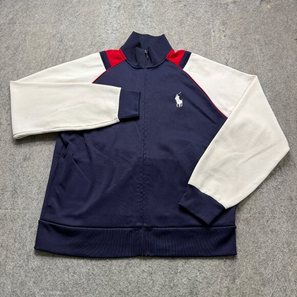 Polo Ralph Lauren Track Jacket Men L Blue White Red Knit Interlock VTG Full Zip - Picture 2 of 14